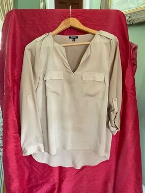 Monteau Beige V-Neck Utility Blouse